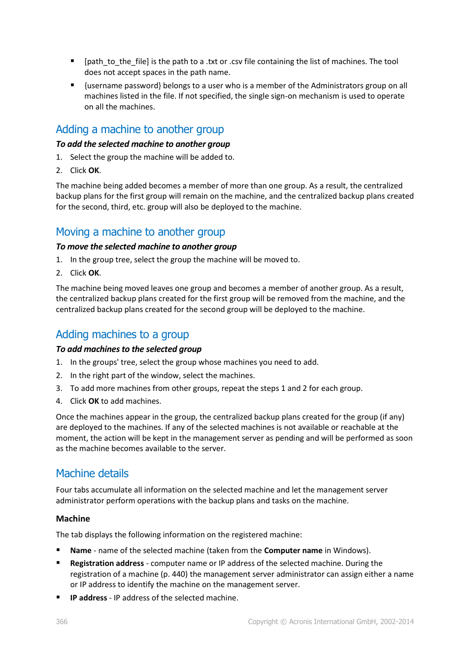 Adding a machine to another group, Moving a machine to another group, Adding machines to a group | Machine details | Acronis Backup for Windows Server Essentials - User Guide User Manual | Page 366 / 442