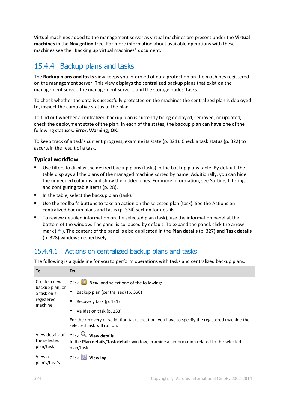 4 backup plans and tasks, 1 actions on centralized backup plans and tasks | Acronis Backup for Windows Server Essentials - User Guide User Manual | Page 374 / 442