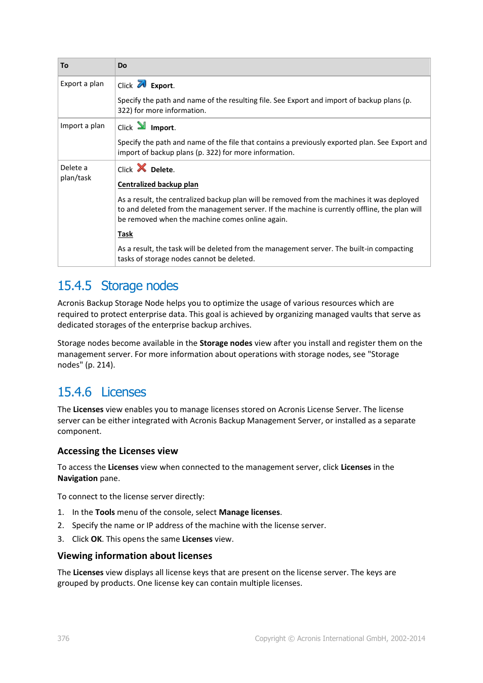 5 storage nodes, 6 licenses, 5 storage nodes 15.4.6 licenses | P. 376), Accessing the licenses view, Viewing information about licenses | Acronis Backup for Windows Server Essentials - User Guide User Manual | Page 376 / 442