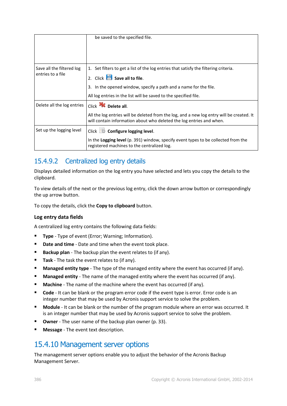 2 centralized log entry details, 10 management server options | Acronis Backup for Windows Server Essentials - User Guide User Manual | Page 386 / 442