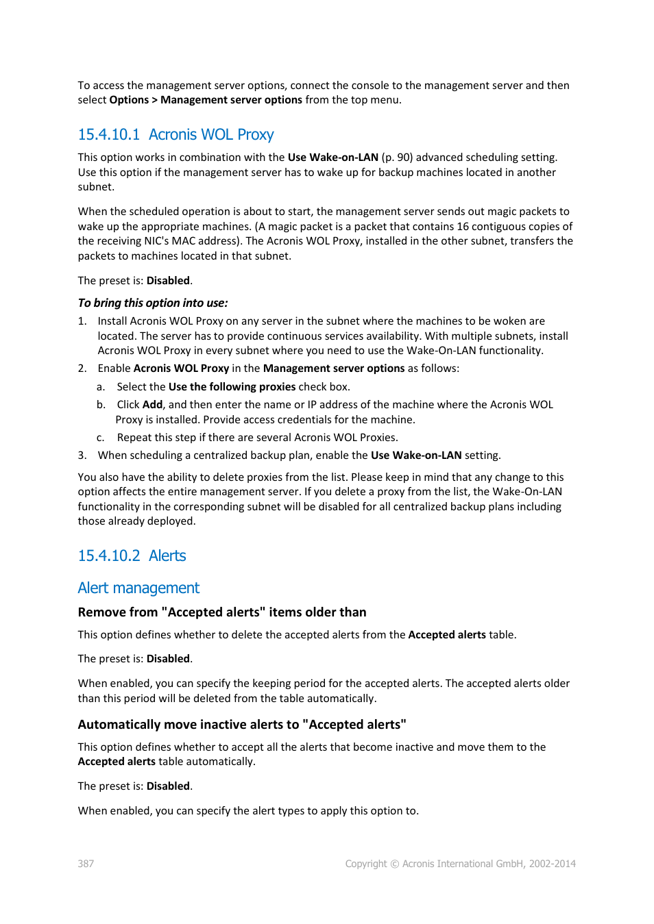 1 acronis wol proxy, 2 alerts, Alert management | 2 alerts alert management | Acronis Backup for Windows Server Essentials - User Guide User Manual | Page 387 / 442