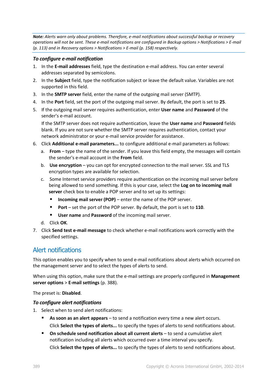 Alert notifications, P. 389) | Acronis Backup for Windows Server Essentials - User Guide User Manual | Page 389 / 442