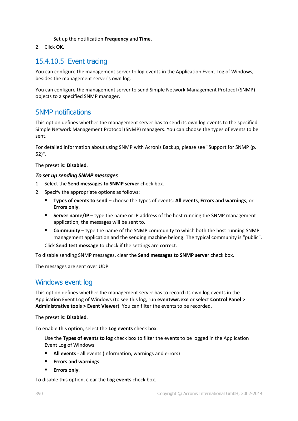5 event tracing, Snmp notifications, Windows event log | Acronis Backup for Windows Server Essentials - User Guide User Manual | Page 390 / 442