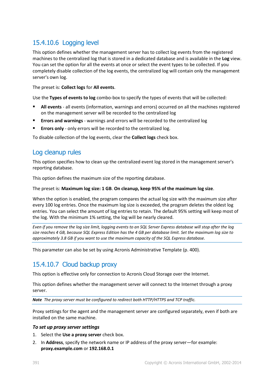 6 logging level, Log cleanup rules, 7 cloud backup proxy | Acronis Backup for Windows Server Essentials - User Guide User Manual | Page 391 / 442