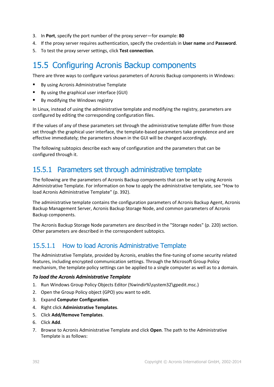 5 configuring acronis backup components, 1 parameters set through administrative template, 1 how to load acronis administrative template | Configuring acronis backup components, P. 392) | Acronis Backup for Windows Server Essentials - User Guide User Manual | Page 392 / 442