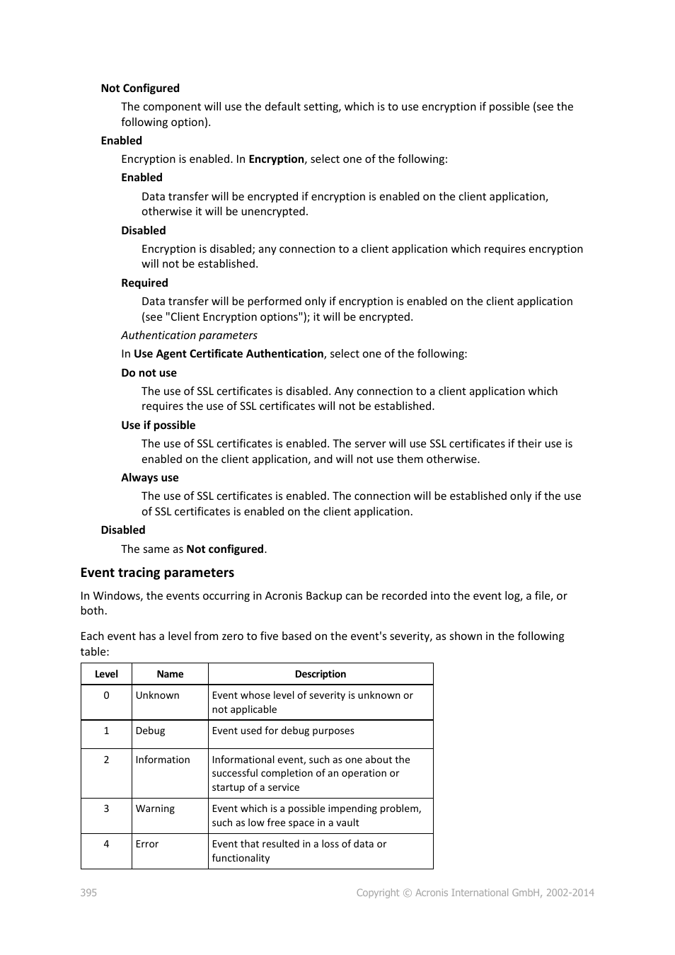 Event tracing parameters | Acronis Backup for Windows Server Essentials - User Guide User Manual | Page 395 / 442