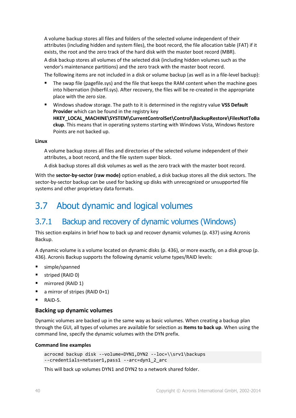 7 about dynamic and logical volumes, 1 backup and recovery of dynamic volumes (windows), About dynamic and logical volumes | Backup and recovery of dynamic volumes (windows) | Acronis Backup for Windows Server Essentials - User Guide User Manual | Page 40 / 442