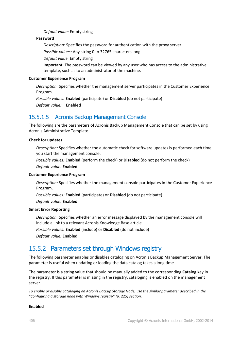 5 acronis backup management console, 2 parameters set through windows registry, P. 406) | Acronis Backup for Windows Server Essentials - User Guide User Manual | Page 406 / 442