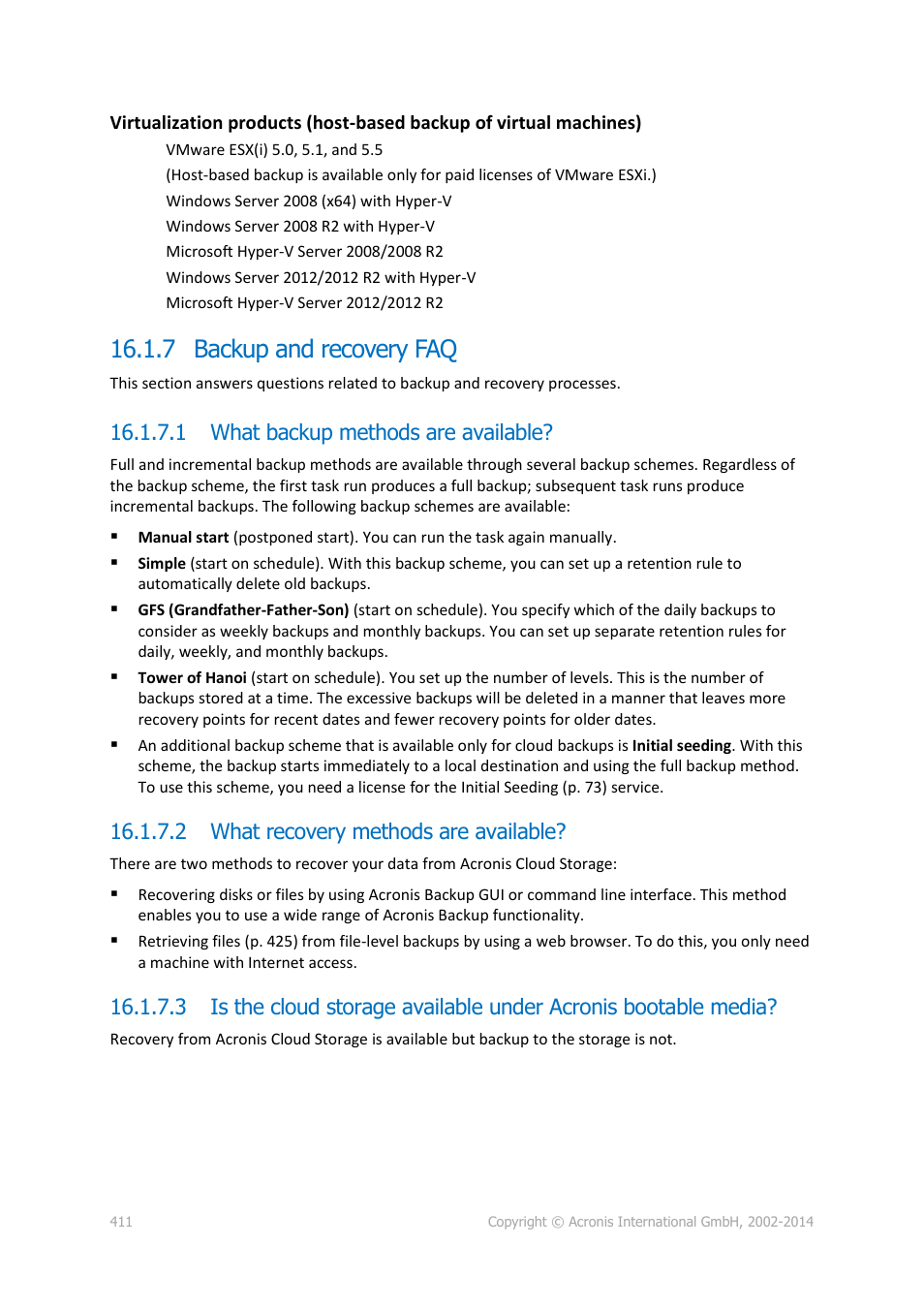 7 backup and recovery faq, 1 what backup methods are available, 2 what recovery methods are available | Acronis Backup for Windows Server Essentials - User Guide User Manual | Page 411 / 442