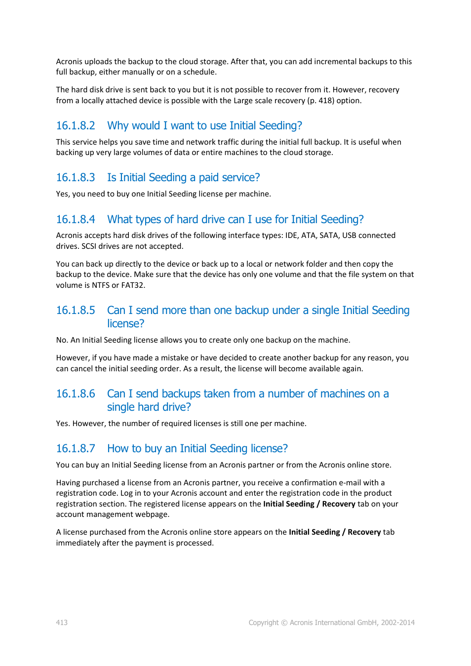 2 why would i want to use initial seeding, 3 is initial seeding a paid service, 7 how to buy an initial seeding license | Acronis Backup for Windows Server Essentials - User Guide User Manual | Page 413 / 442