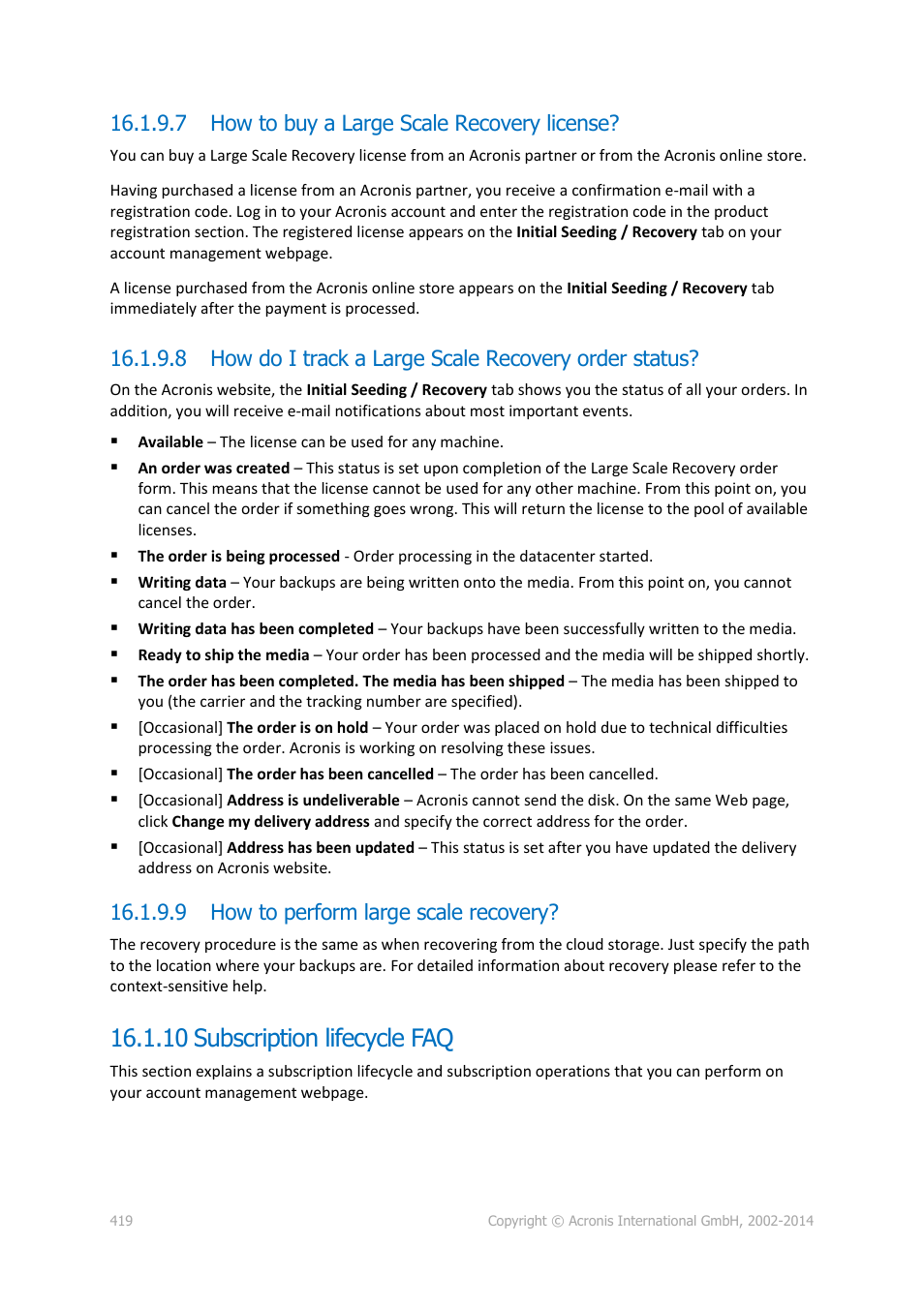 7 how to buy a large scale recovery license, 9 how to perform large scale recovery, 10 subscription lifecycle faq | Acronis Backup for Windows Server Essentials - User Guide User Manual | Page 419 / 442