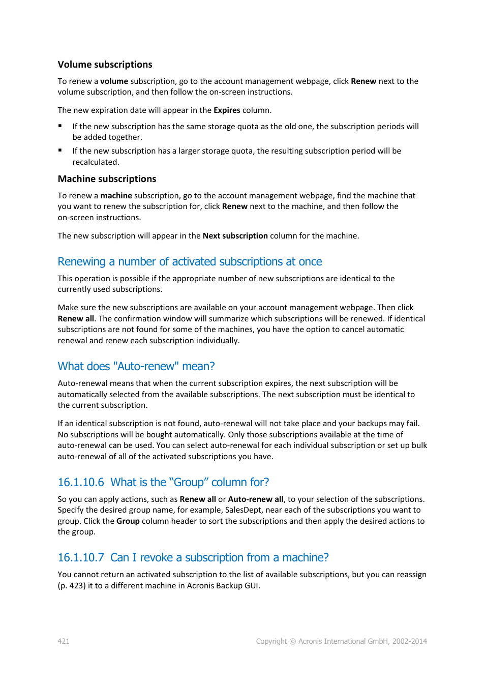 What does "auto-renew" mean, 6 what is the “group” column for, 7 can i revoke a subscription from a machine | Acronis Backup for Windows Server Essentials - User Guide User Manual | Page 421 / 442