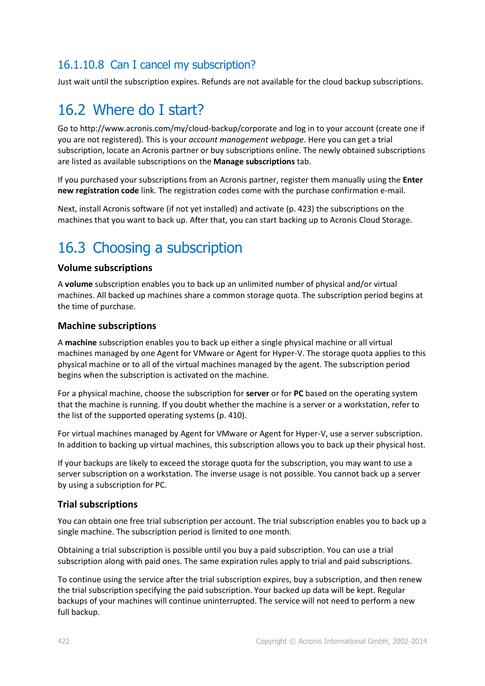 8 can i cancel my subscription, 2 where do i start, 3 choosing a subscription | Where do i start, Choosing a subscription | Acronis Backup for Windows Server Essentials - User Guide User Manual | Page 422 / 442