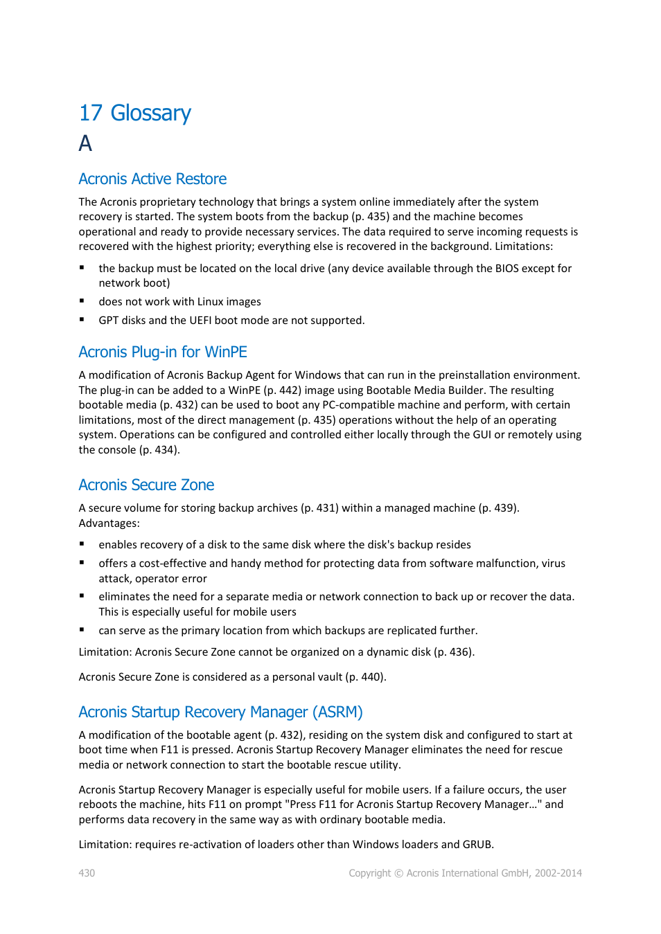 17 glossary, Acronis active restore, Acronis plug-in for winpe | Acronis secure zone, Acronis startup recovery manager (asrm), Glossary, 17 glossary a | Acronis Backup for Windows Server Essentials - User Guide User Manual | Page 430 / 442