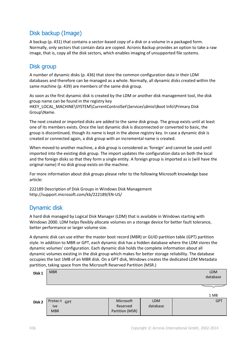 Disk backup (image), Disk group, Dynamic disk | Acronis Backup for Windows Server Essentials - User Guide User Manual | Page 436 / 442