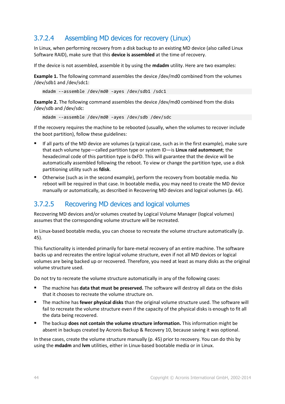 4 assembling md devices for recovery (linux), 5 recovering md devices and logical volumes, P. 44) | Acronis Backup for Windows Server Essentials - User Guide User Manual | Page 44 / 442