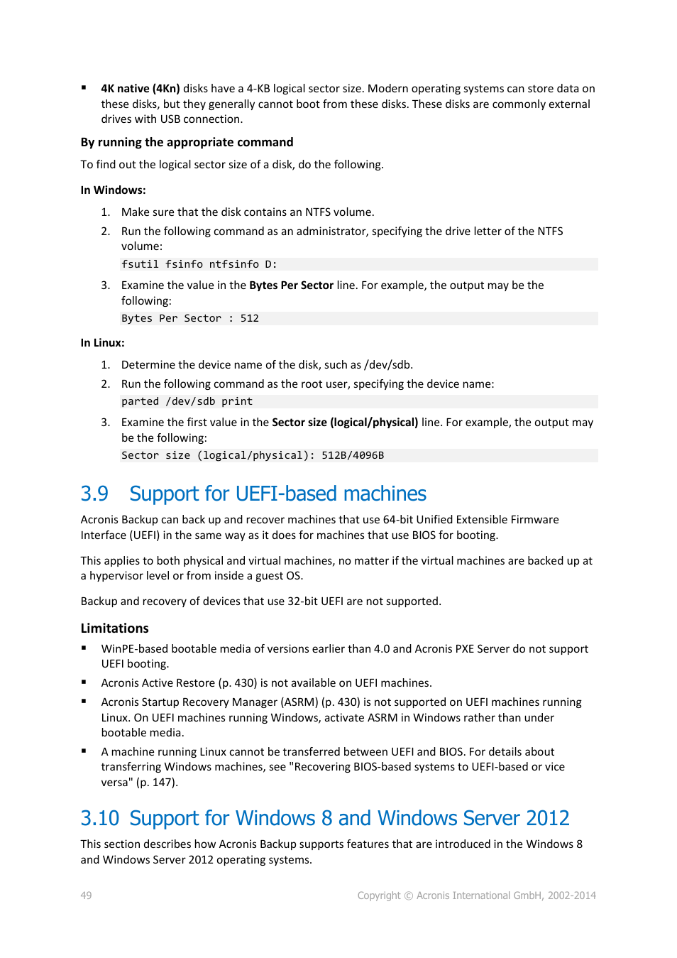 9 support for uefi-based machines, 10 support for windows 8 and windows server 2012, Support for uefi-based machines | Support for windows 8 and windows server 2012 | Acronis Backup for Windows Server Essentials - User Guide User Manual | Page 49 / 442