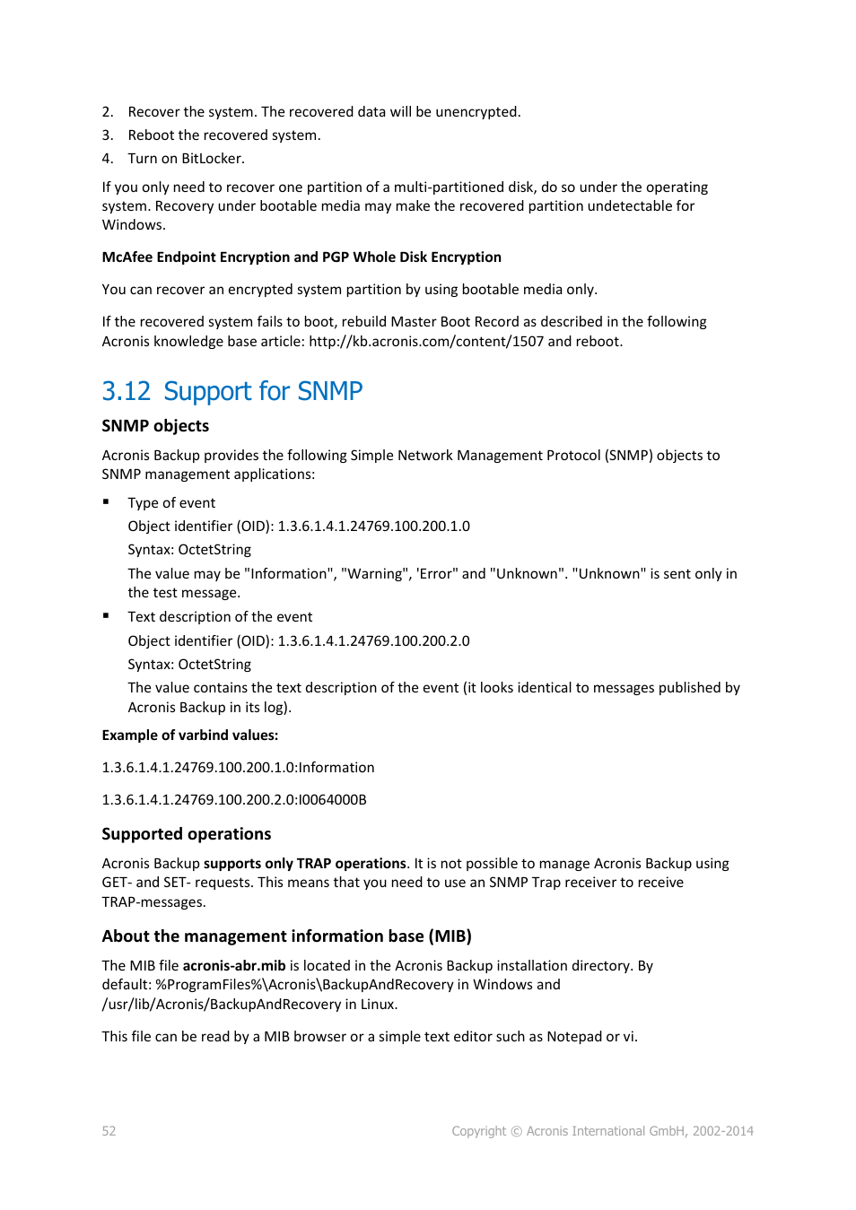 12 support for snmp, Support for snmp | Acronis Backup for Windows Server Essentials - User Guide User Manual | Page 52 / 442