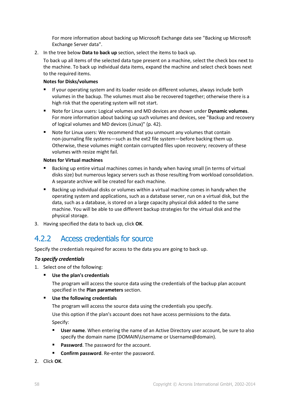 2 access credentials for source, Access credentials for source, P. 58) | Acronis Backup for Windows Server Essentials - User Guide User Manual | Page 58 / 442