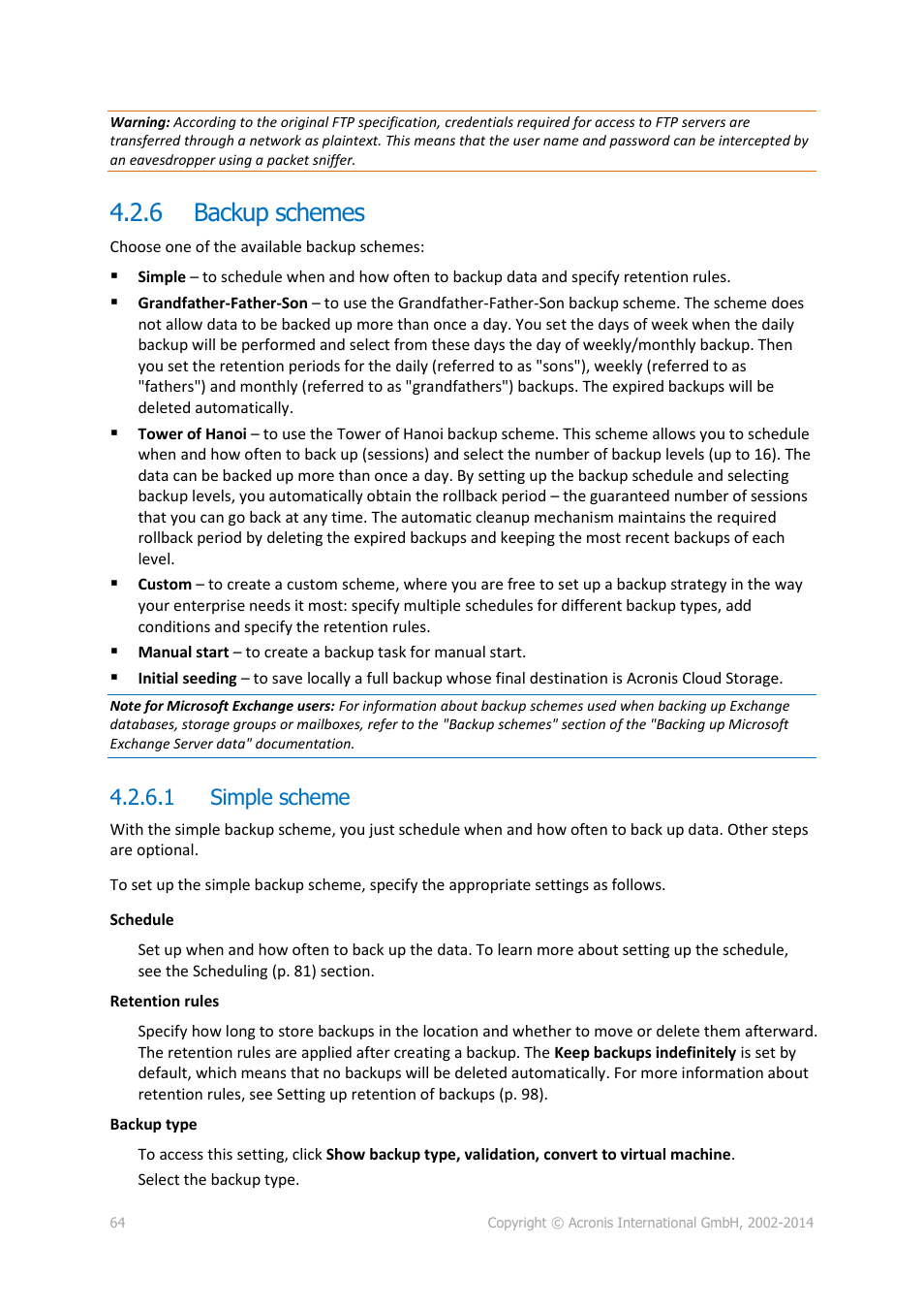 6 backup schemes, 1 simple scheme, Backup schemes | P. 64) | Acronis Backup for Windows Server Essentials - User Guide User Manual | Page 64 / 442