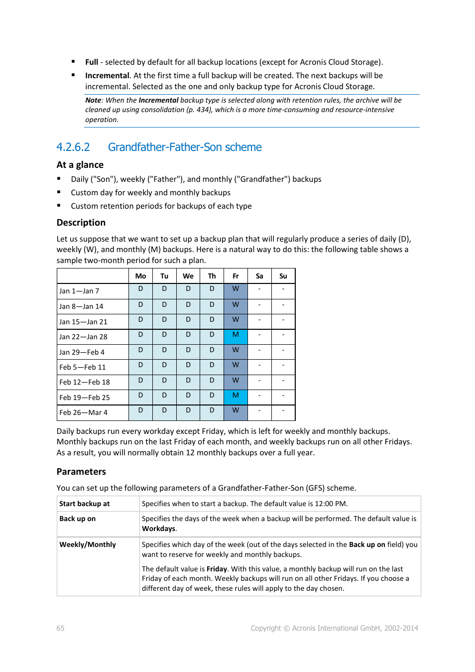 2 grandfather-father-son scheme, At a glance, Description | Parameters | Acronis Backup for Windows Server Essentials - User Guide User Manual | Page 65 / 442