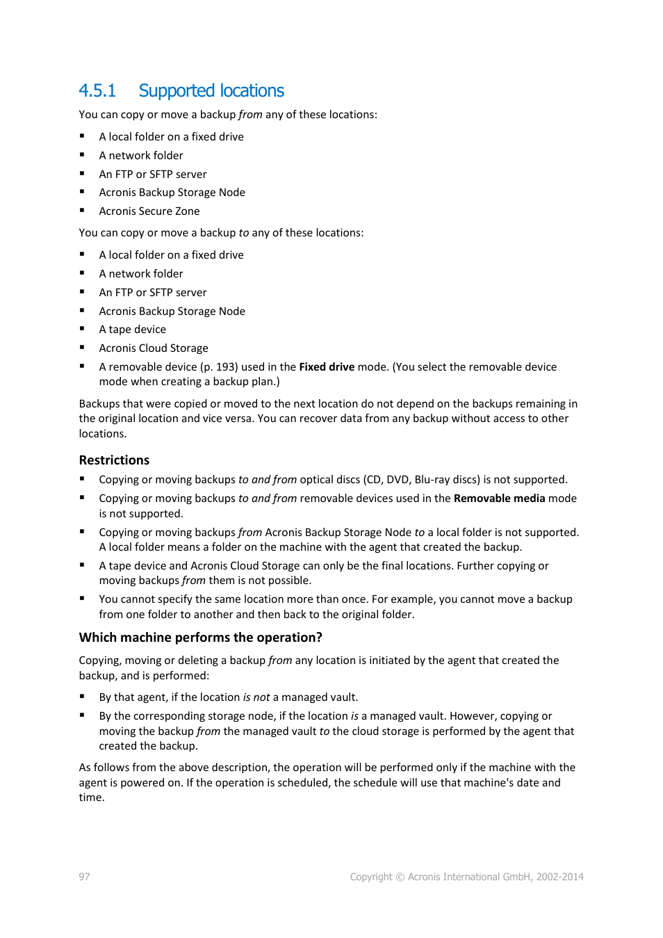 1 supported locations, Supported locations | Acronis Backup for Windows Server Essentials - User Guide User Manual | Page 97 / 442