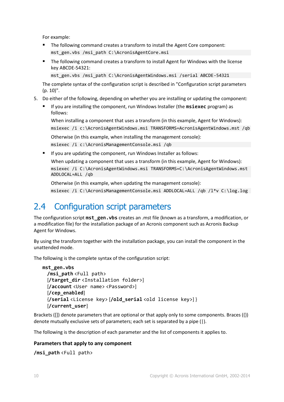 4 configuration script parameters, Configuration script parameters | Acronis Backup for PC - Installation Guide User Manual | Page 10 / 15