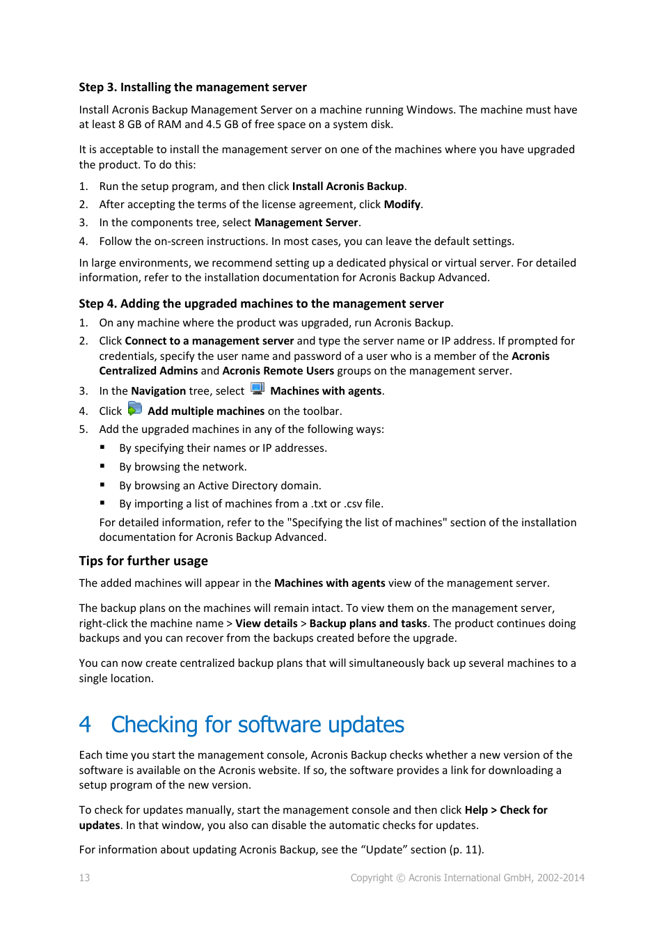 4 checking for software updates, Checking for software updates | Acronis Backup for PC - Installation Guide User Manual | Page 13 / 15