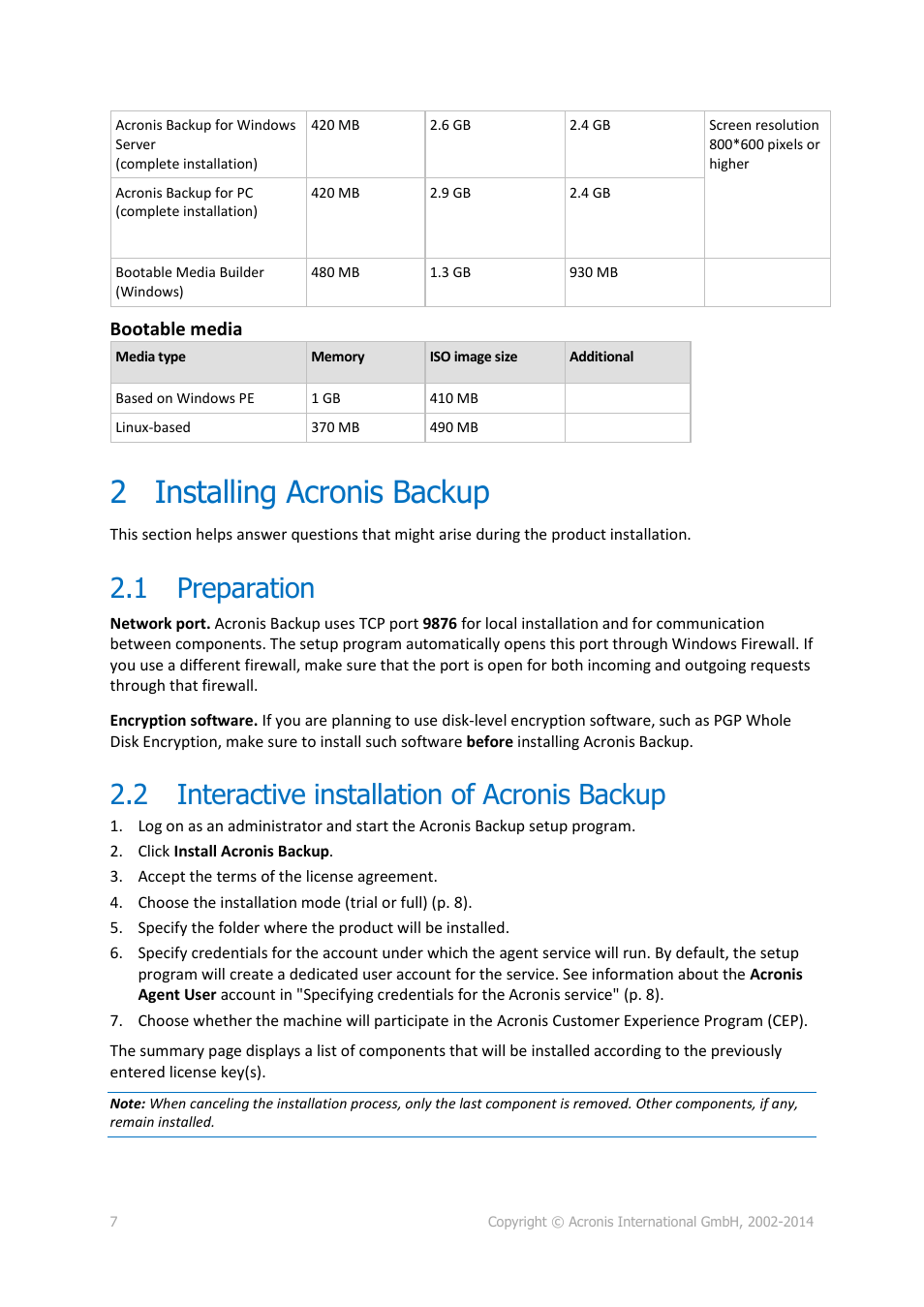 2 installing acronis backup, 1 preparation, 2 interactive installation of acronis backup | Installing acronis backup, Preparation, Interactive installation of acronis backup, Bootable media | Acronis Backup for PC - Installation Guide User Manual | Page 7 / 15