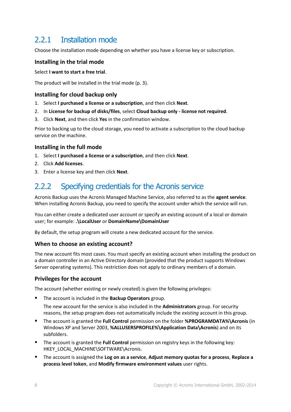 1 installation mode, 2 specifying credentials for the acronis service, Installation mode | Specifying credentials for the acronis service | Acronis Backup for PC - Installation Guide User Manual | Page 8 / 15