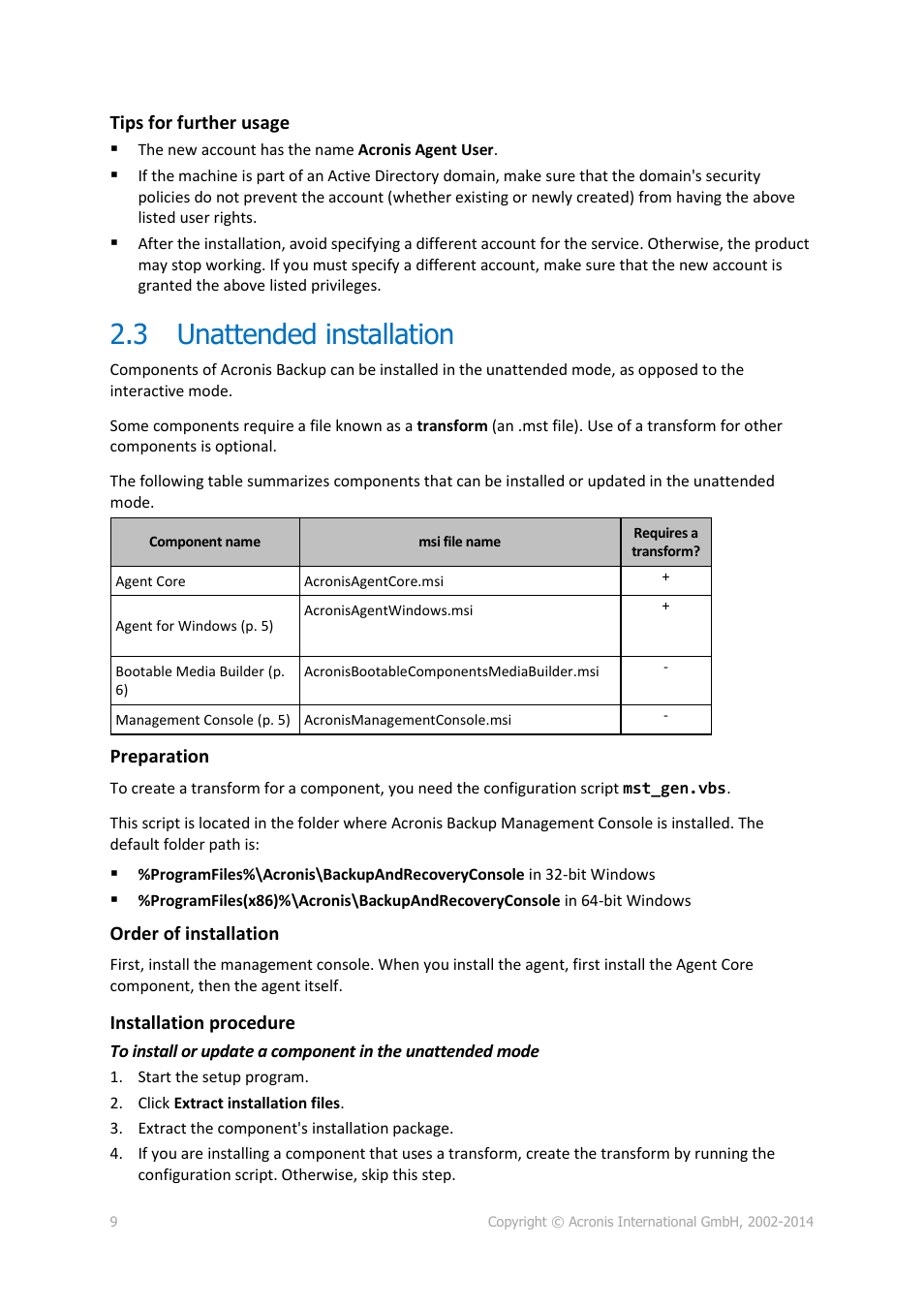 3 unattended installation, Unattended installation | Acronis Backup for PC - Installation Guide User Manual | Page 9 / 15