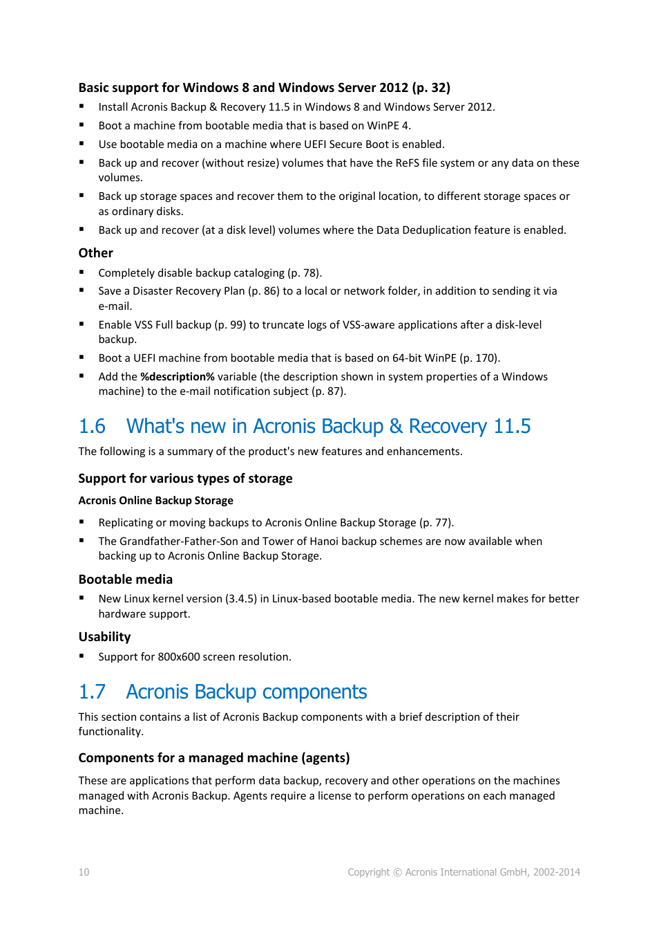 6 what's new in acronis backup & recovery 11.5, 7 acronis backup components, What's new in acronis backup & recovery 11.5 | Acronis backup components | Acronis Backup for Windows Server - User Guide User Manual | Page 10 / 269
