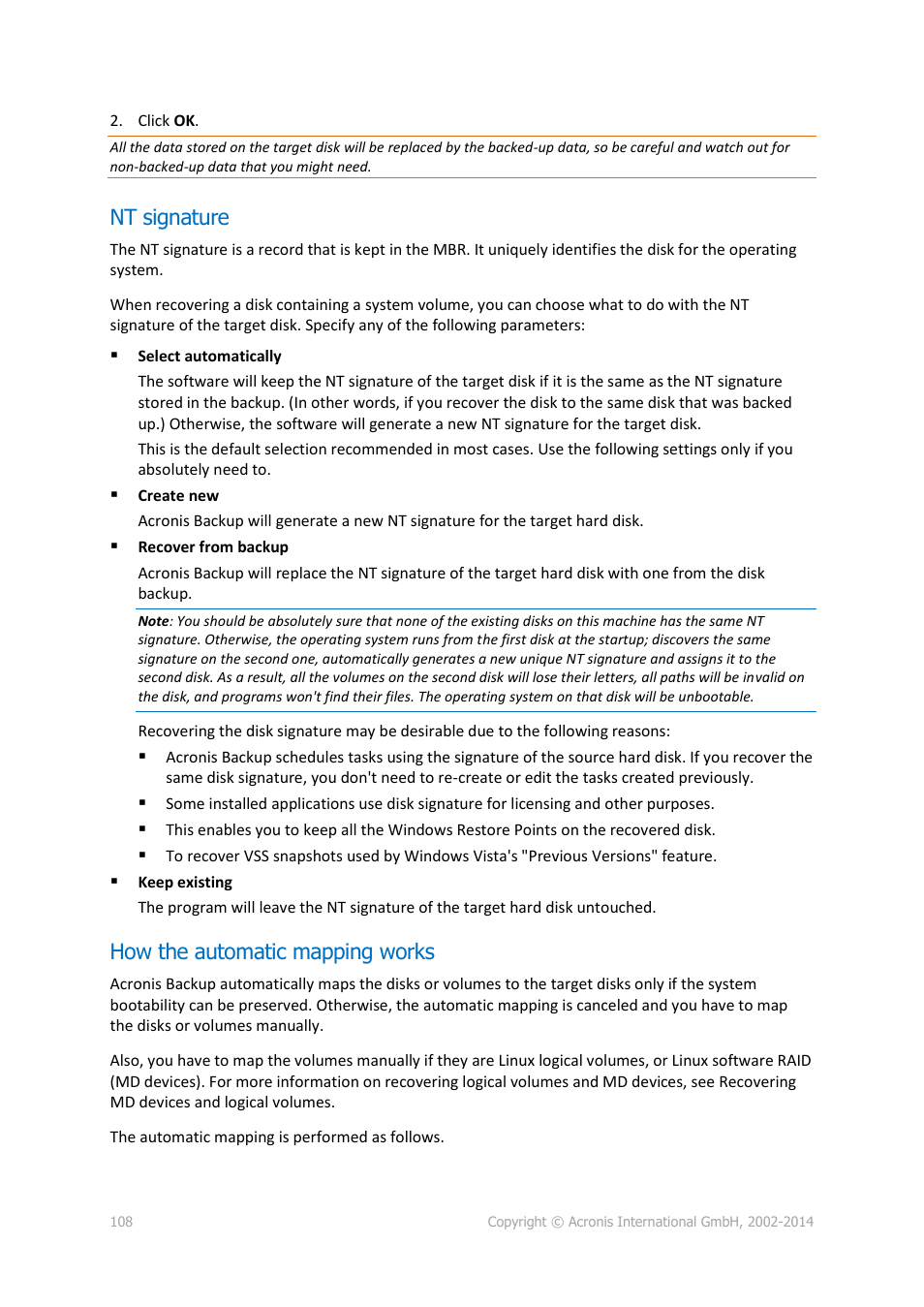Nt signature, How the automatic mapping works, P. 108) | Acronis Backup for Windows Server - User Guide User Manual | Page 108 / 269