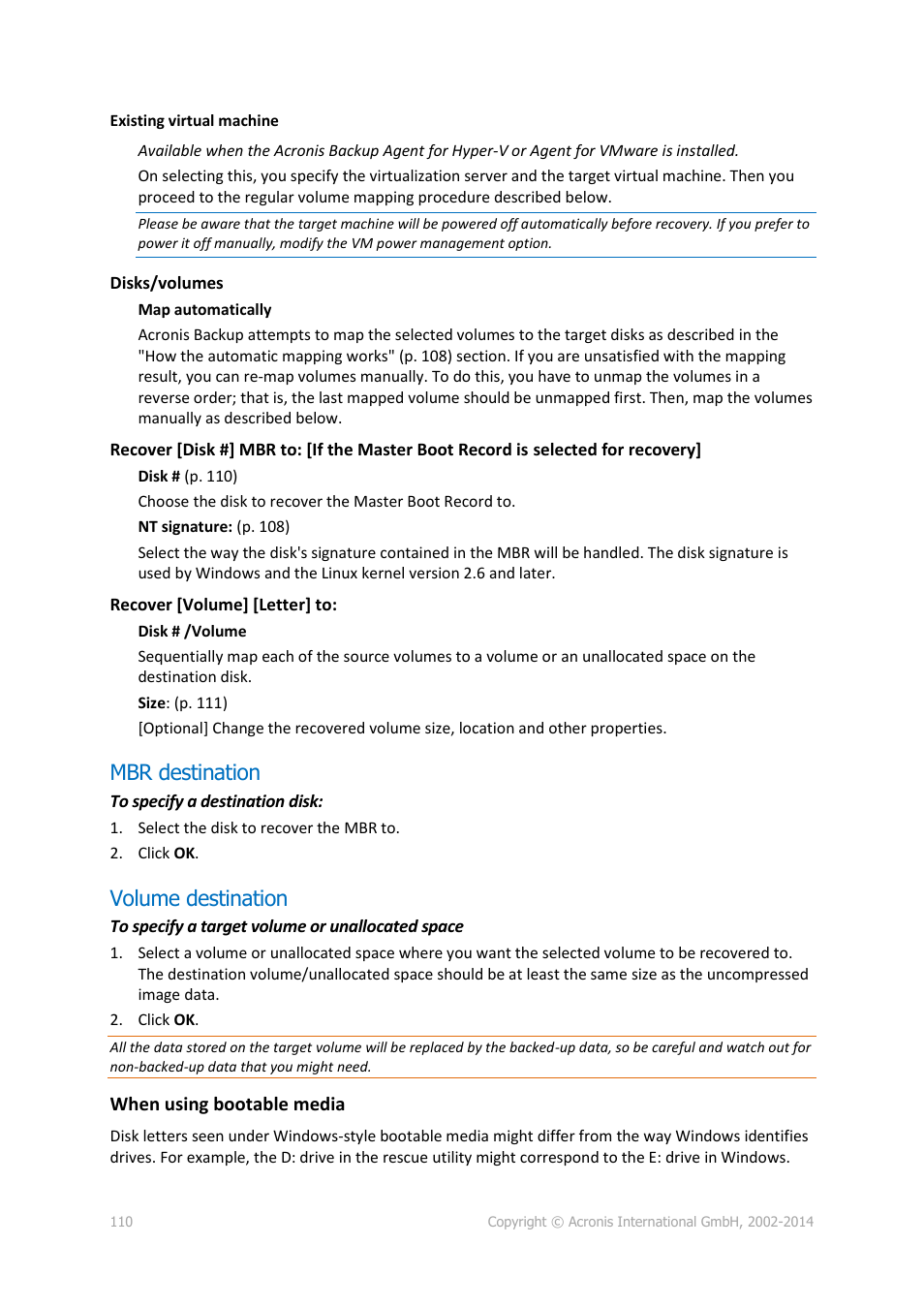 Mbr destination, Volume destination | Acronis Backup for Windows Server - User Guide User Manual | Page 110 / 269
