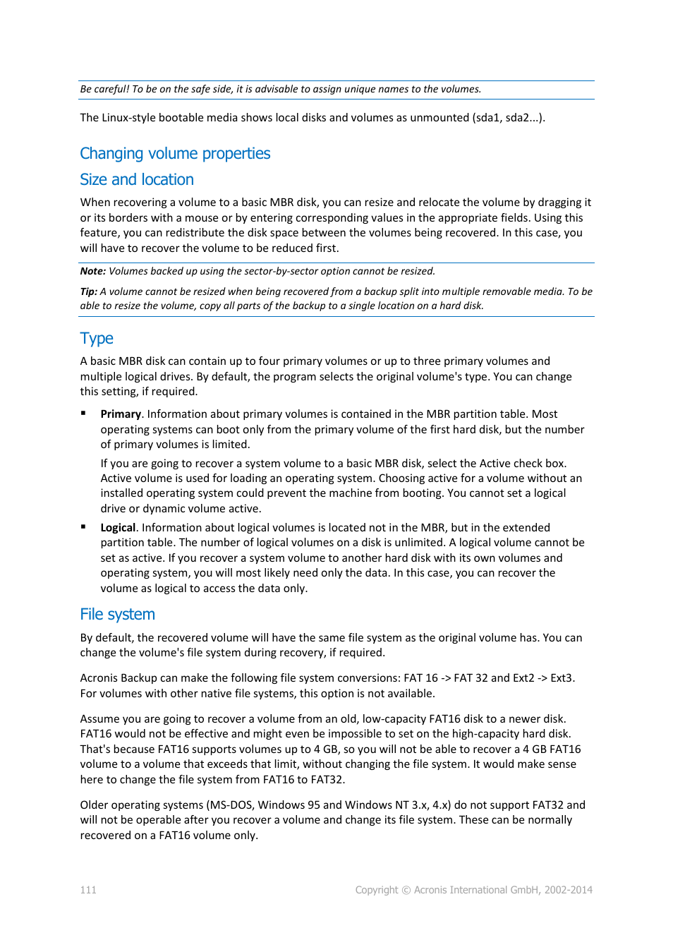 Changing volume properties, Size and location, Type | File system, P. 111), Changing volume properties size and location | Acronis Backup for Windows Server - User Guide User Manual | Page 111 / 269