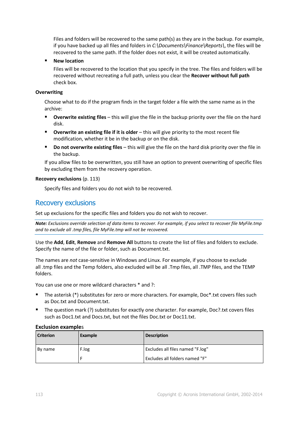 Recovery exclusions | Acronis Backup for Windows Server - User Guide User Manual | Page 113 / 269