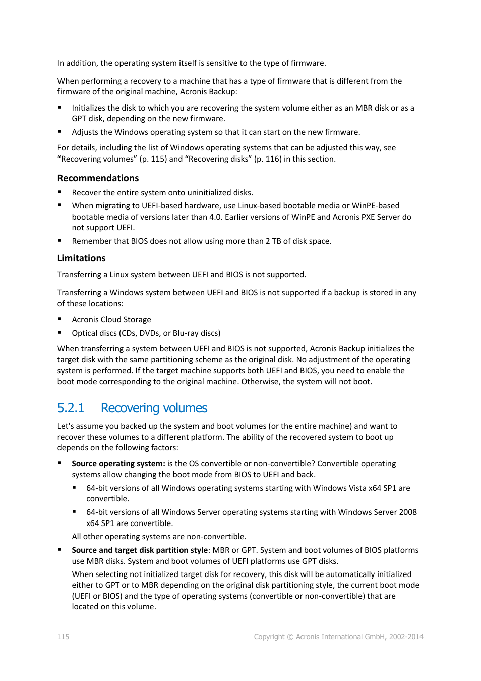 1 recovering volumes, Recovering volumes | Acronis Backup for Windows Server - User Guide User Manual | Page 115 / 269