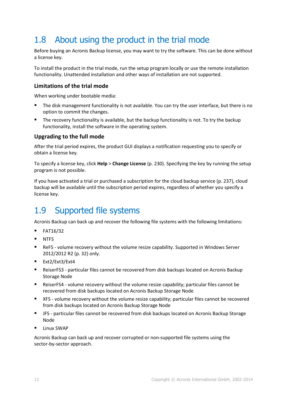 8 about using the product in the trial mode, 9 supported file systems, About using the product in the trial mode | Supported file systems | Acronis Backup for Windows Server - User Guide User Manual | Page 12 / 269