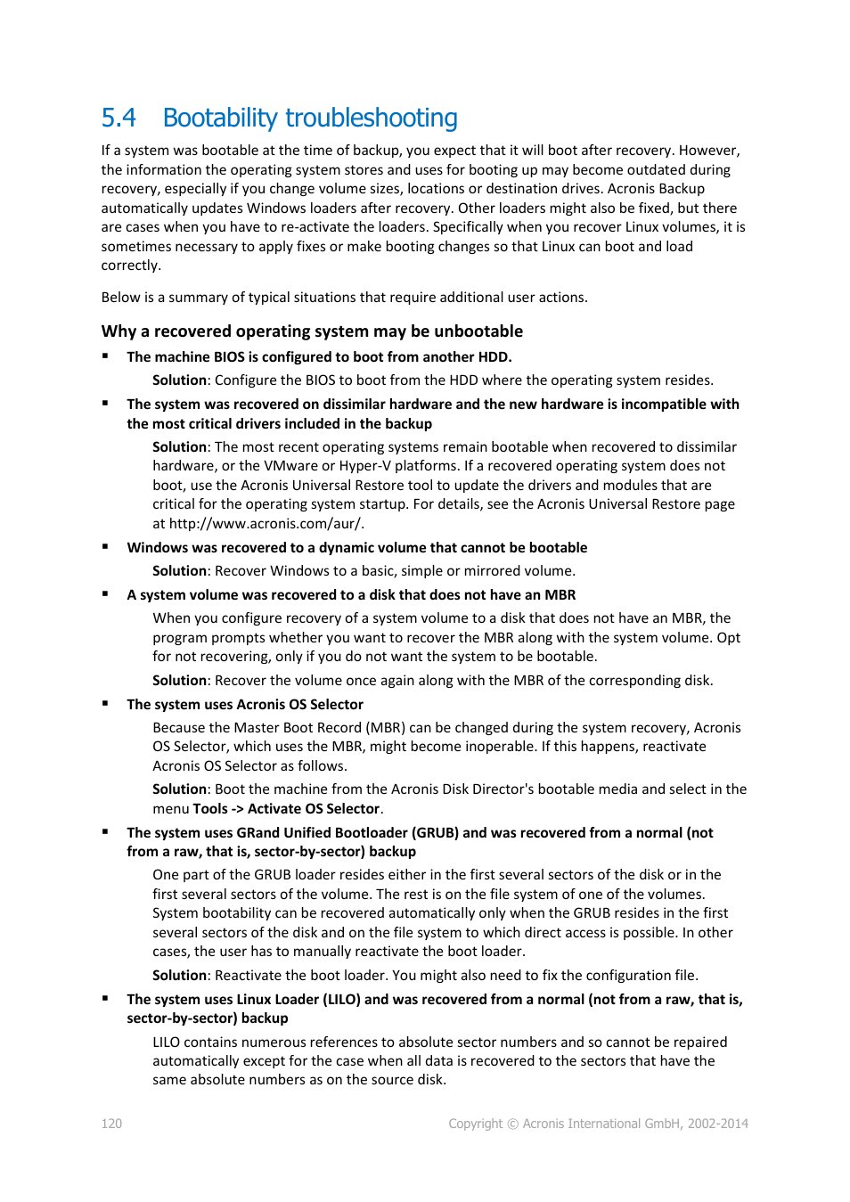 4 bootability troubleshooting, Bootability troubleshooting | Acronis Backup for Windows Server - User Guide User Manual | Page 120 / 269