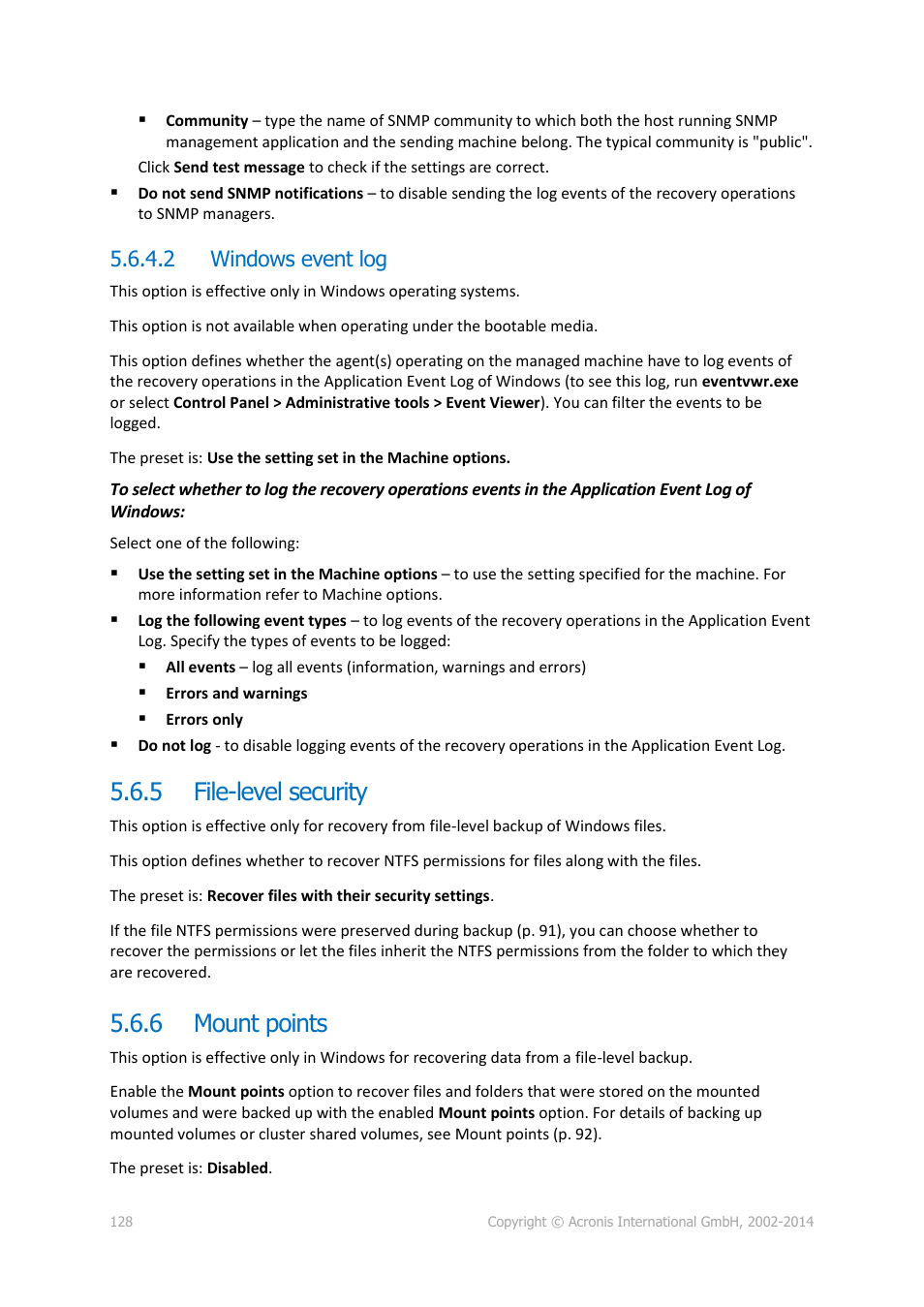 2 windows event log, 5 file-level security, 6 mount points | File-level security, Mount points | Acronis Backup for Windows Server - User Guide User Manual | Page 128 / 269