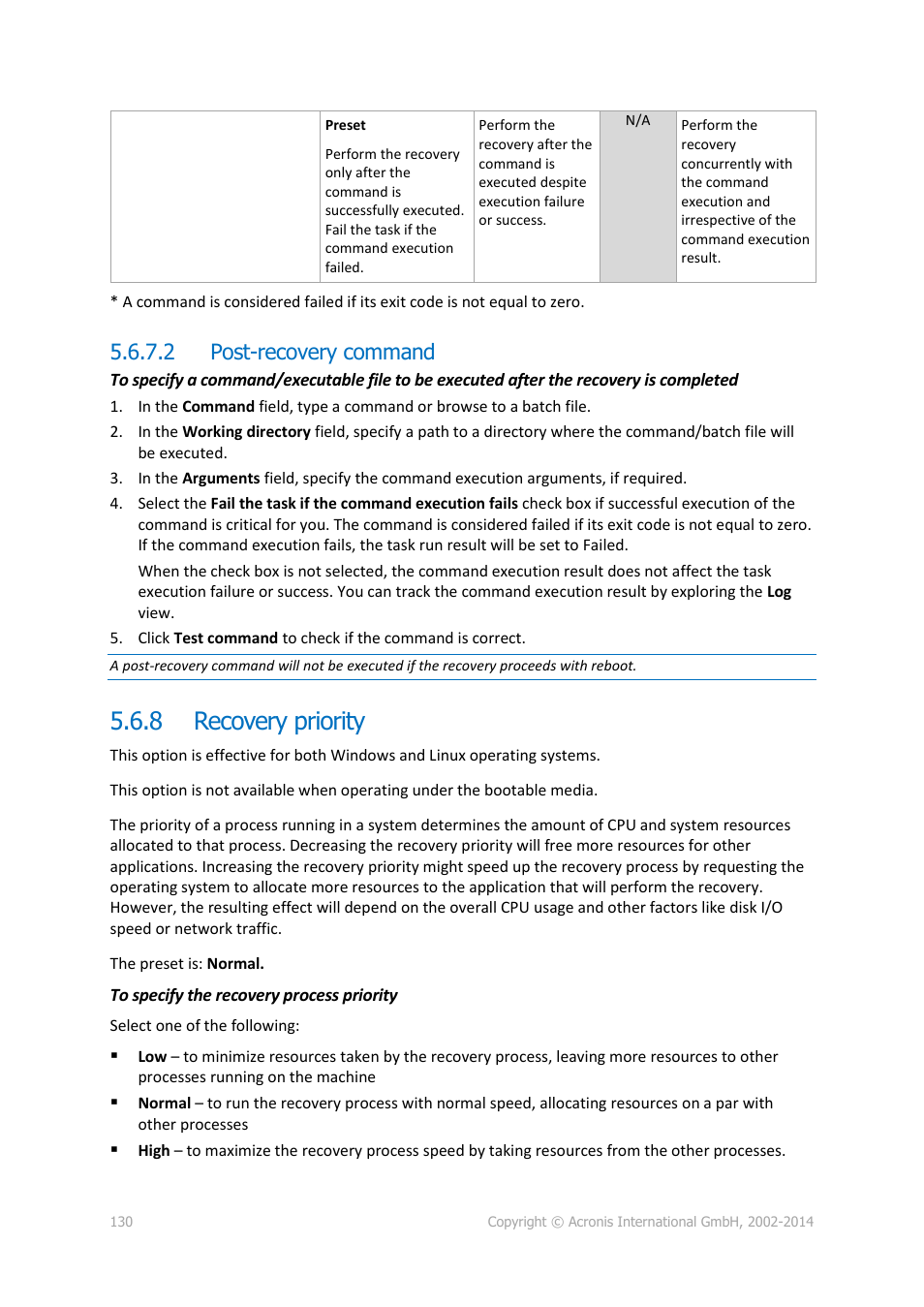 2 post-recovery command, 8 recovery priority, Recovery priority | Acronis Backup for Windows Server - User Guide User Manual | Page 130 / 269
