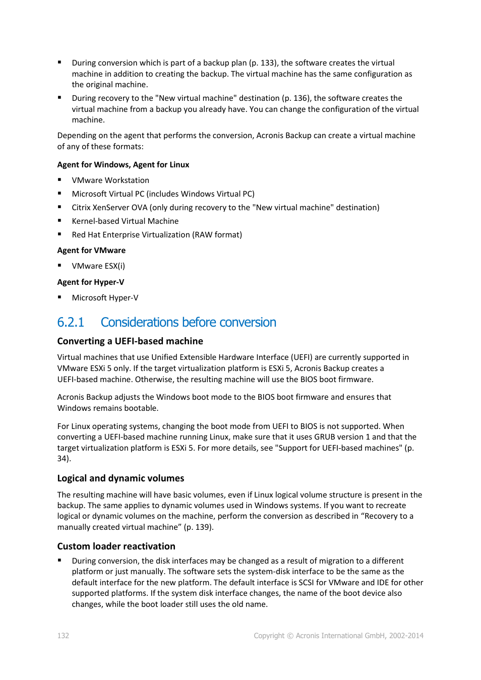 1 considerations before conversion, Considerations before conversion | Acronis Backup for Windows Server - User Guide User Manual | Page 132 / 269
