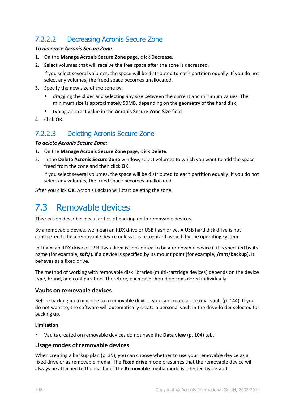 2 decreasing acronis secure zone, 3 deleting acronis secure zone, 3 removable devices | Removable devices, P. 148) | Acronis Backup for Windows Server - User Guide User Manual | Page 148 / 269