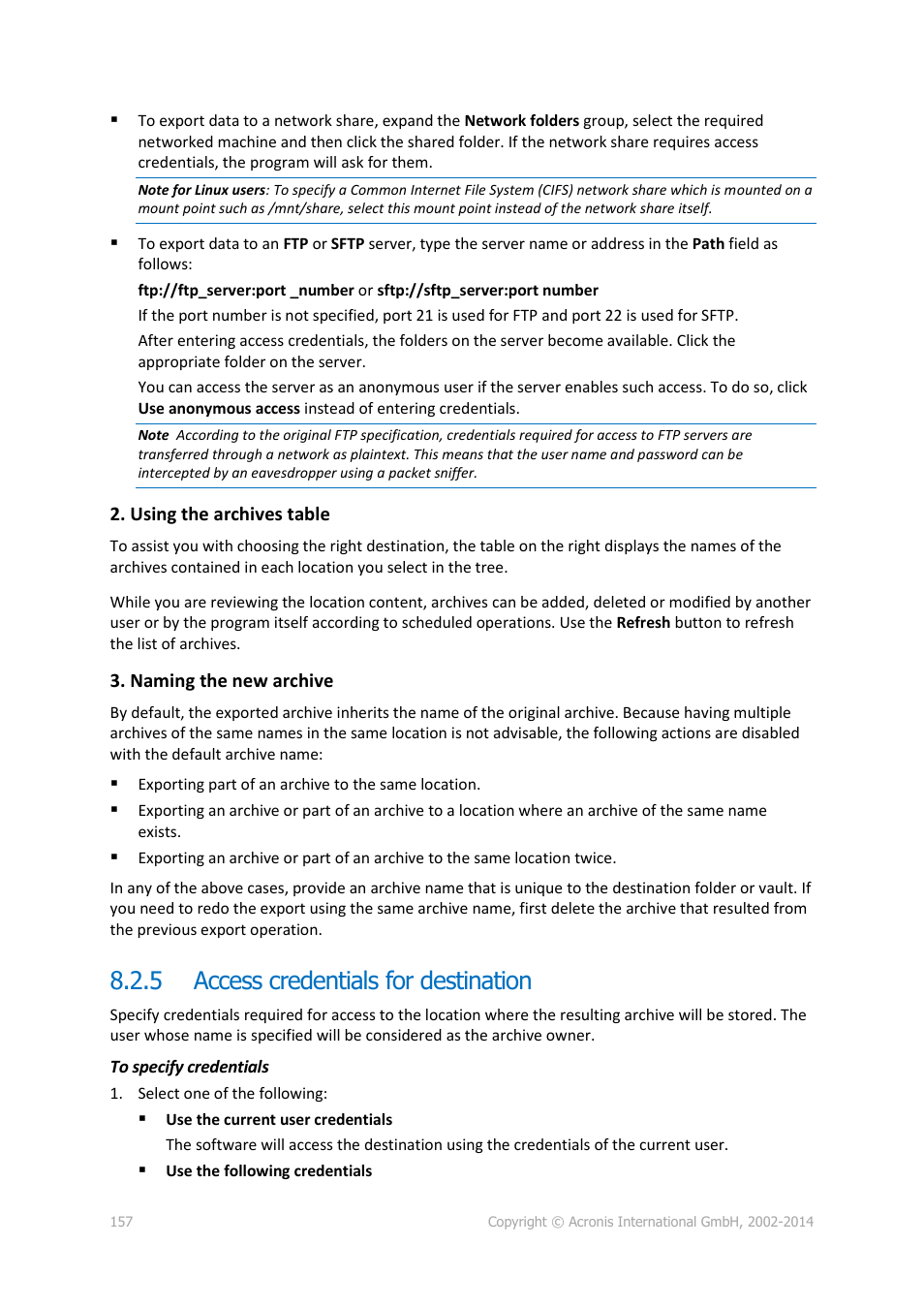 5 access credentials for destination, Access credentials for destination | Acronis Backup for Windows Server - User Guide User Manual | Page 157 / 269