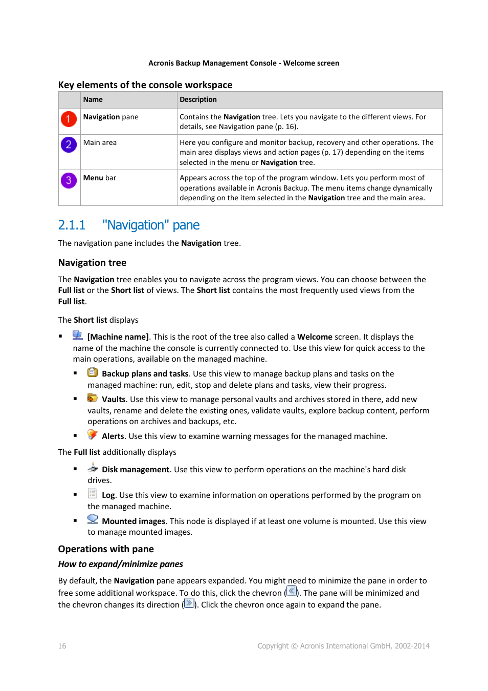 1 "navigation" pane, Navigation" pane | Acronis Backup for Windows Server - User Guide User Manual | Page 16 / 269