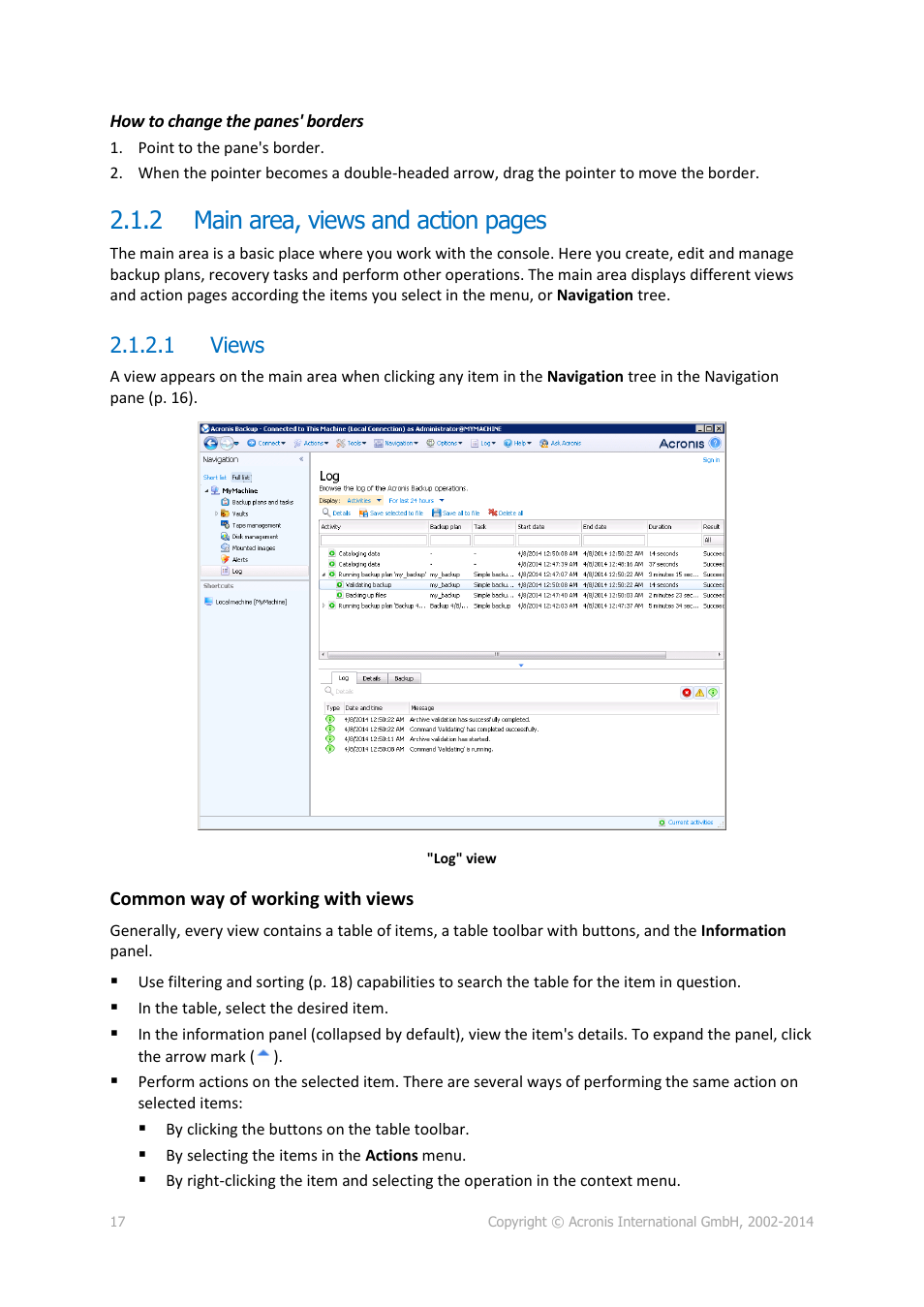 1 views, 2 main area, views and action pages | Acronis Backup for Windows Server - User Guide User Manual | Page 17 / 269