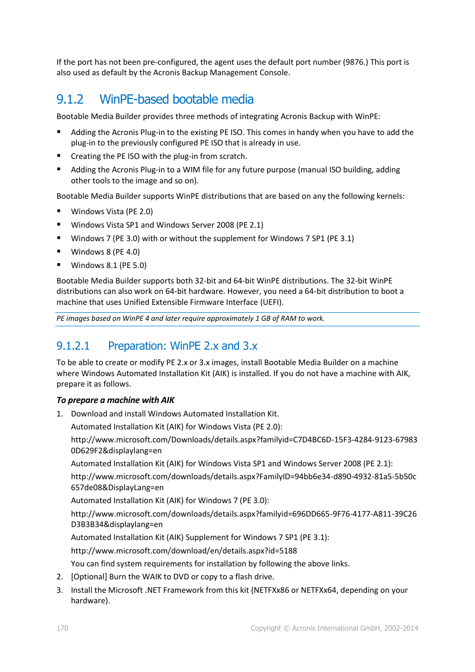 2 winpe-based bootable media, 1 preparation: winpe 2.x and 3.x, Winpe-based bootable media | P. 170) | Acronis Backup for Windows Server - User Guide User Manual | Page 170 / 269