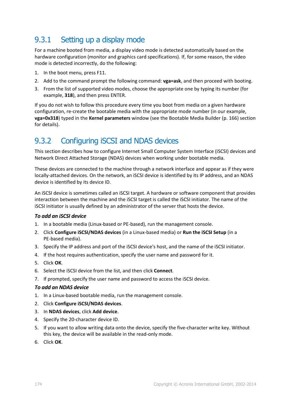 1 setting up a display mode, 2 configuring iscsi and ndas devices, Setting up a display mode | Configuring iscsi and ndas devices | Acronis Backup for Windows Server - User Guide User Manual | Page 174 / 269