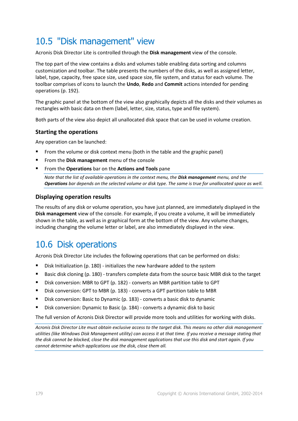 5 "disk management" view, 6 disk operations, Disk management" view | Disk operations | Acronis Backup for Windows Server - User Guide User Manual | Page 179 / 269