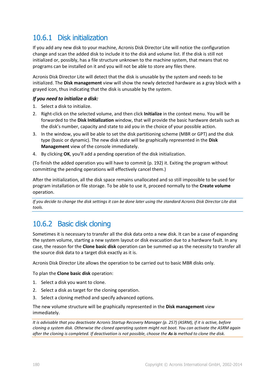 1 disk initialization, 2 basic disk cloning, 1 disk initialization 10.6.2 basic disk cloning | P. 180) | Acronis Backup for Windows Server - User Guide User Manual | Page 180 / 269